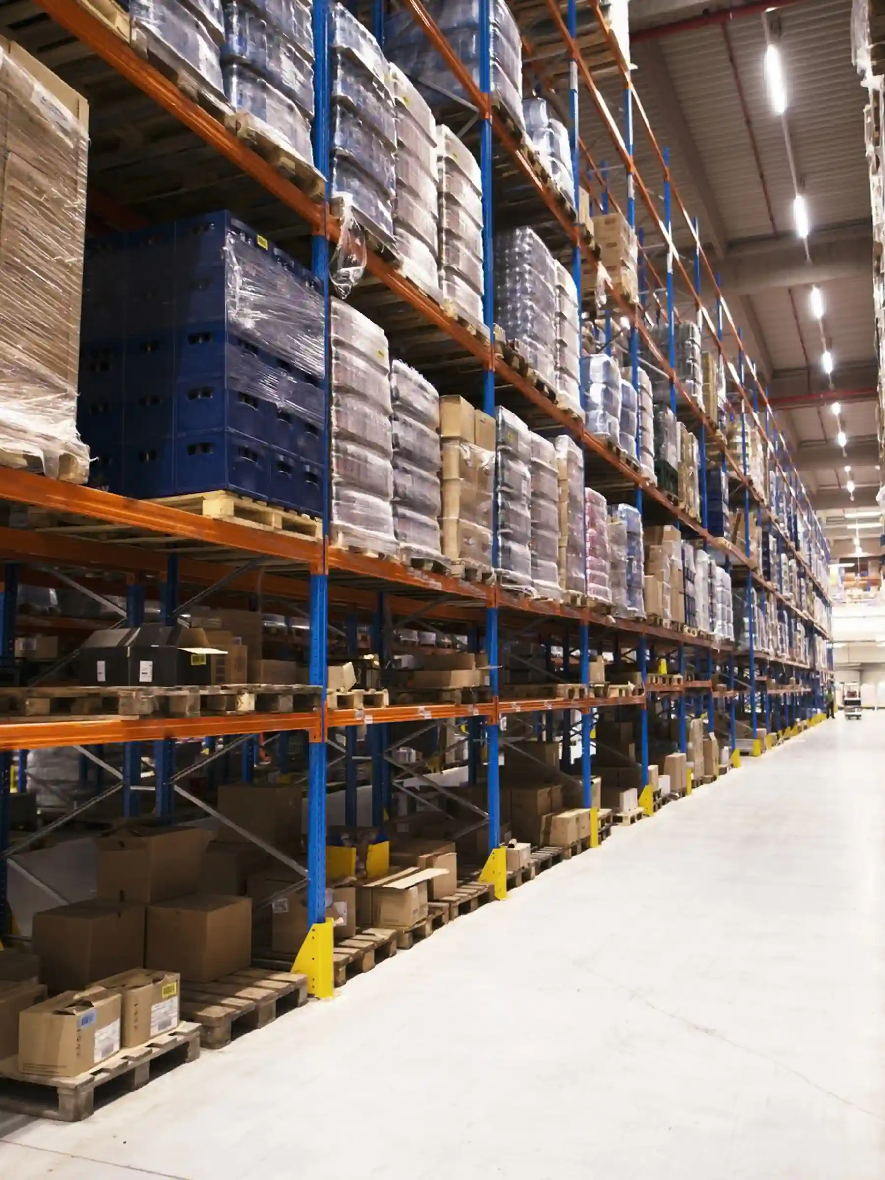 Tall storage racking stocked with goods inside a warehouse